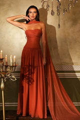 Orange A Line Prom Dress Sleeveless Strapless Formal Dress
