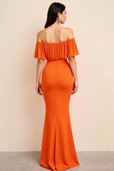 Orange Formal Dress Off The Shoulder Sheath Long Wedding Guest Dress