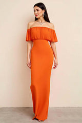 Orange Formal Dress Off The Shoulder Sheath Long Wedding Guest Dress