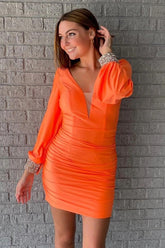 Orange Homecoming Dress Ruched Tight Cocktail Dress