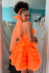 Orange Homecoming Dress Strapless Ruffle Tiered Tulle Short Party Cocktail Dress