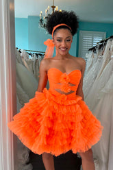 Orange Homecoming Dress Strapless Ruffle Tiered Tulle Short Party Cocktail Dress