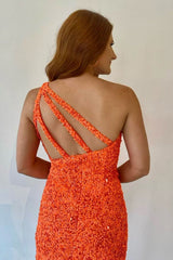 Orange Homecoming Dresses One Shoulder Sequined Cocktail Dresses