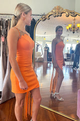 Orange Homecoming Dresses One Shoulder Tight Short Cocktail Dresses With Fringes