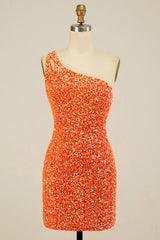 Orange Homecoming Dresses Open Back One Shoulder Sequin Tight Cocktail Dresses