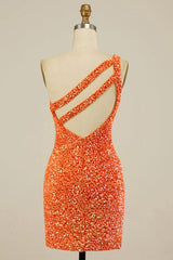 Orange Homecoming Dresses Open Back One Shoulder Sequin Tight Cocktail Dresses