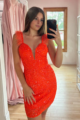 Orange Homecoming Dresses Sequin Tight Short Cocktail Dresses with Feathers