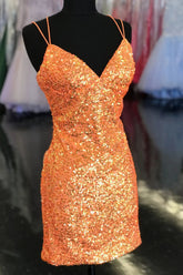 Orange Homecoming Dresses Sequined Tight Short Cocktail Dresses