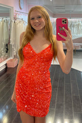 Orange Homecoming Dresses Spaghetti Straps Short Tight Cocktail Dresses