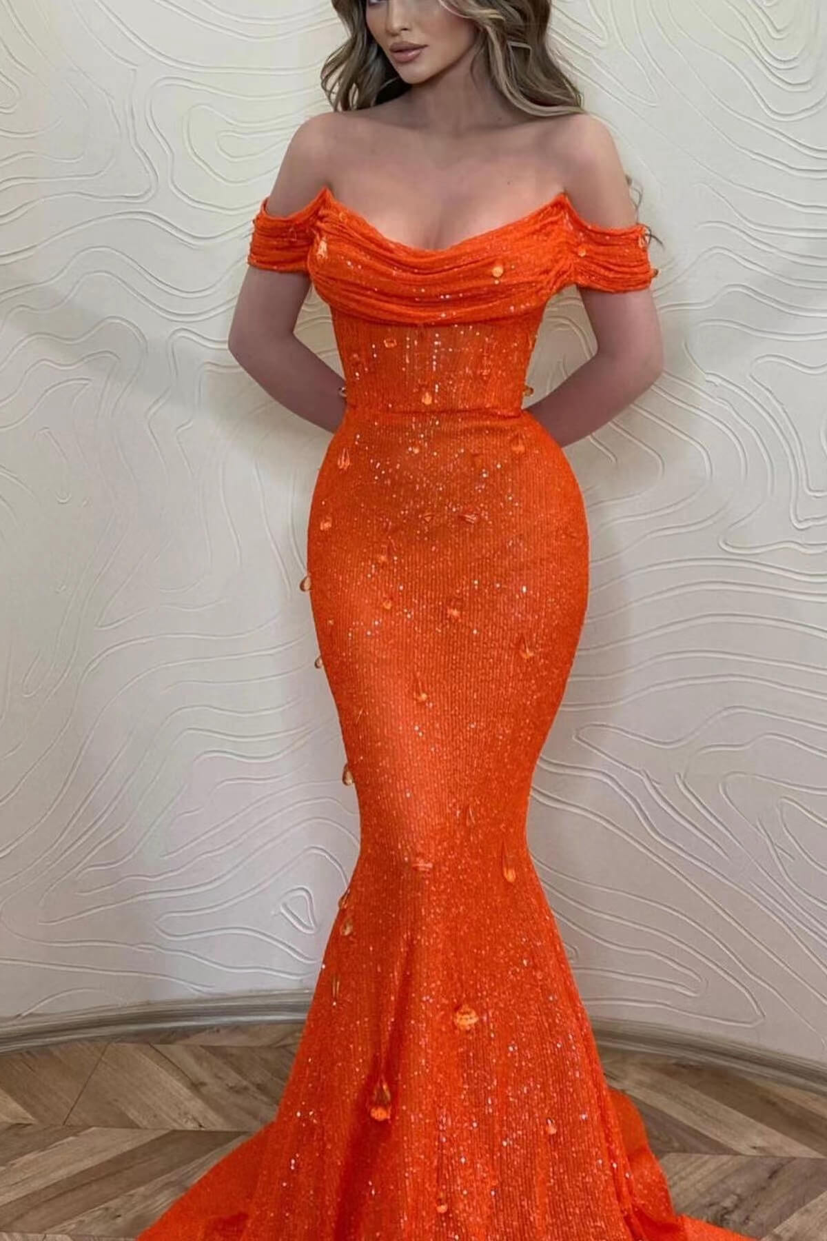 Orange Mermaid Prom Dress Cap Sleeve Off the Shoulder Formal Dress