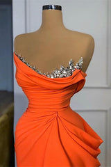 Orange Mermaid Prom Dress Sleeveless Strapless Formal Dress With Beadings and Rhinestones