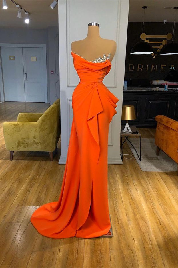 Orange Mermaid Prom Dress Sleeveless Strapless Formal Dress With Beadings and Rhinestones