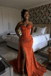 Orange Mermaid Prom Dress Sleeveless Sweetheart Formal Dress With Sequins