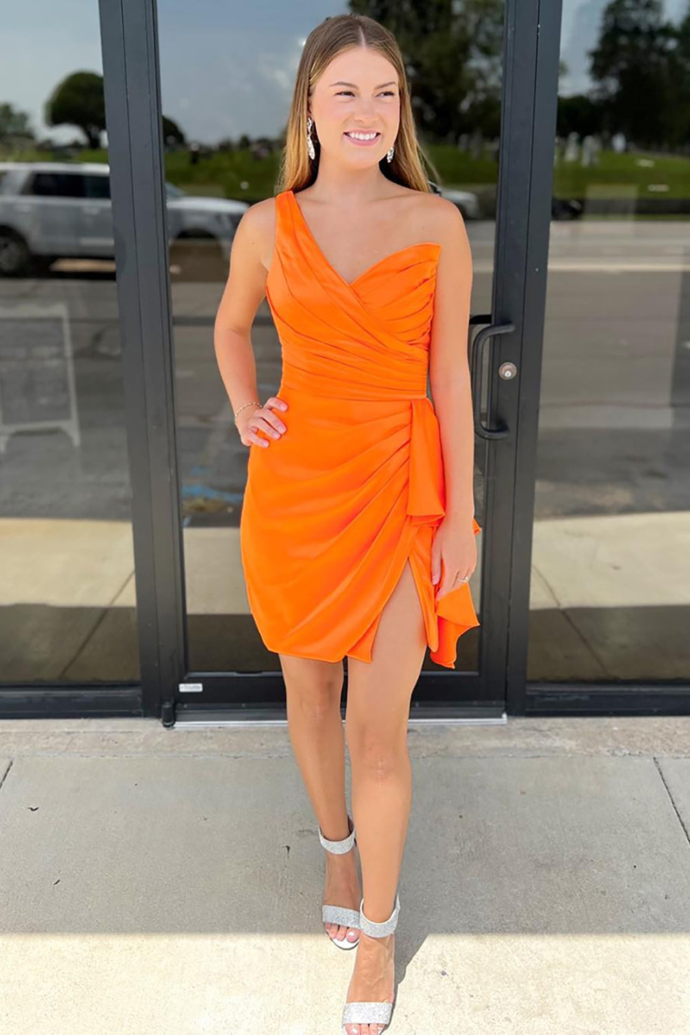 Orange One Shoulder Satin Tight Homecoming Dresses Short Cocktail Dresses With Slit