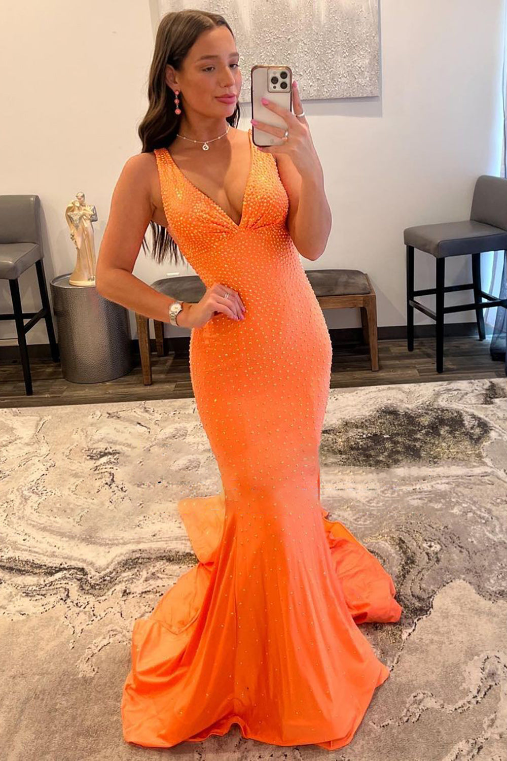 Orange Prom Dress Beaded Mermaid Long Evening Dress