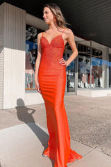 Orange Prom Dress Beaded Open Back Long Evening Dress