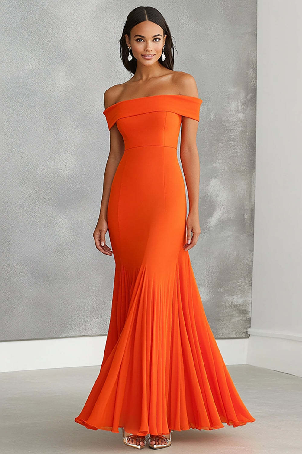 Orange Prom Dress Chiffon Off The Shoulder Mermaid Long Formal Dress