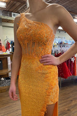 Orange Prom Dress Corset One Shoulder Long Evening Dress with Deatchable Train
