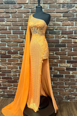 Orange Prom Dress Corset One Shoulder Long Evening Dress with Deatchable Train