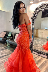 Orange Prom Dress Floral Mermaid Off The Shoulder Long Evening Dress