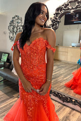Orange Prom Dress Floral Mermaid Off The Shoulder Long Evening Dress
