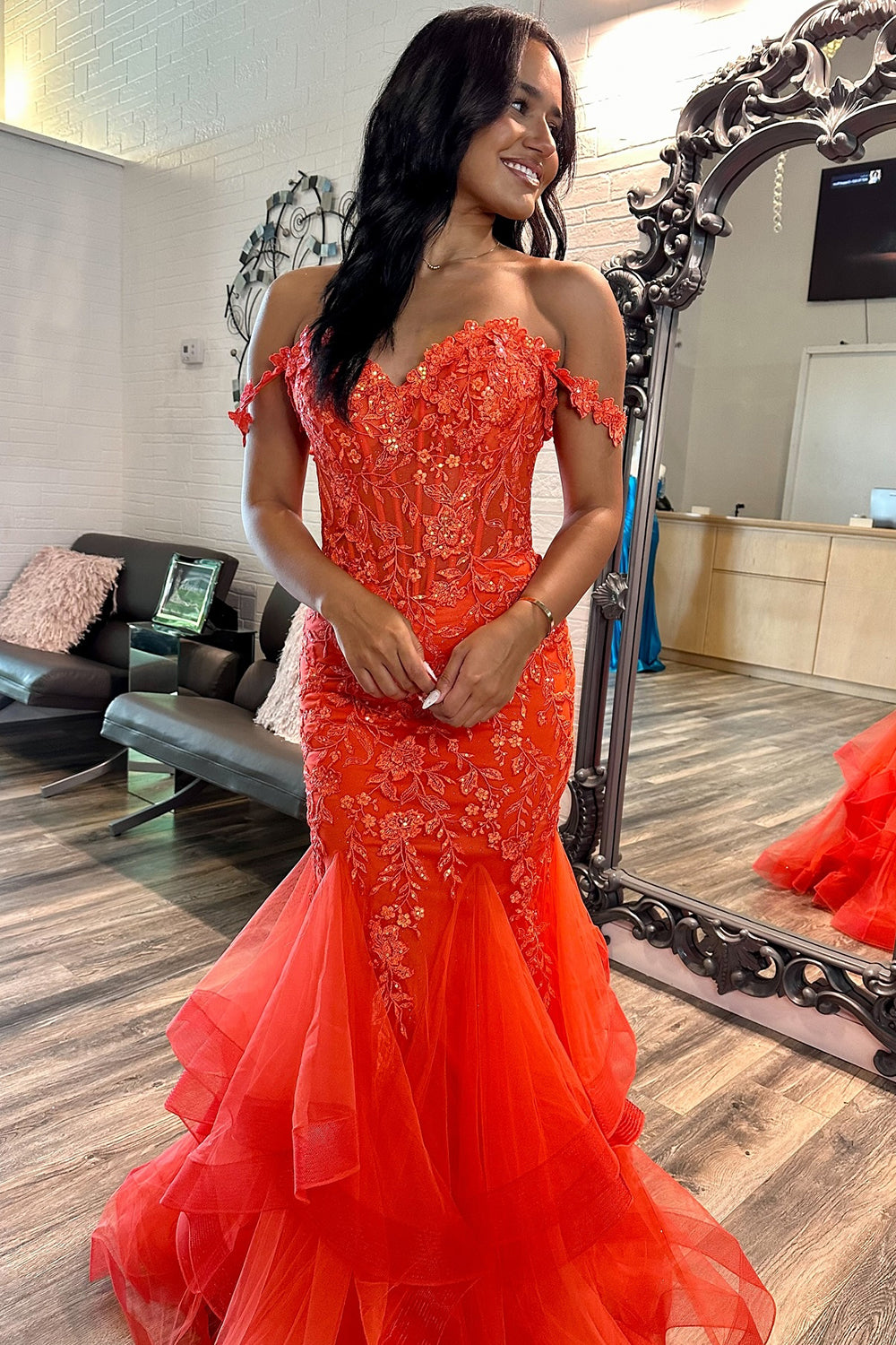 Orange Prom Dress Floral Mermaid Off The Shoulder Long Evening Dress