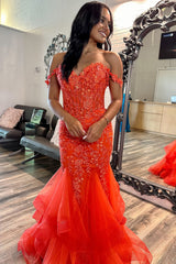 Orange Prom Dress Floral Mermaid Off The Shoulder Long Evening Dress