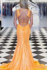 Orange Prom Dress Mermaid Lace Up Back Long Sequined Evening Dress