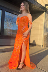Orange Prom Dress Mermaid Off the Shoulder Corset Evening Dress with Slit