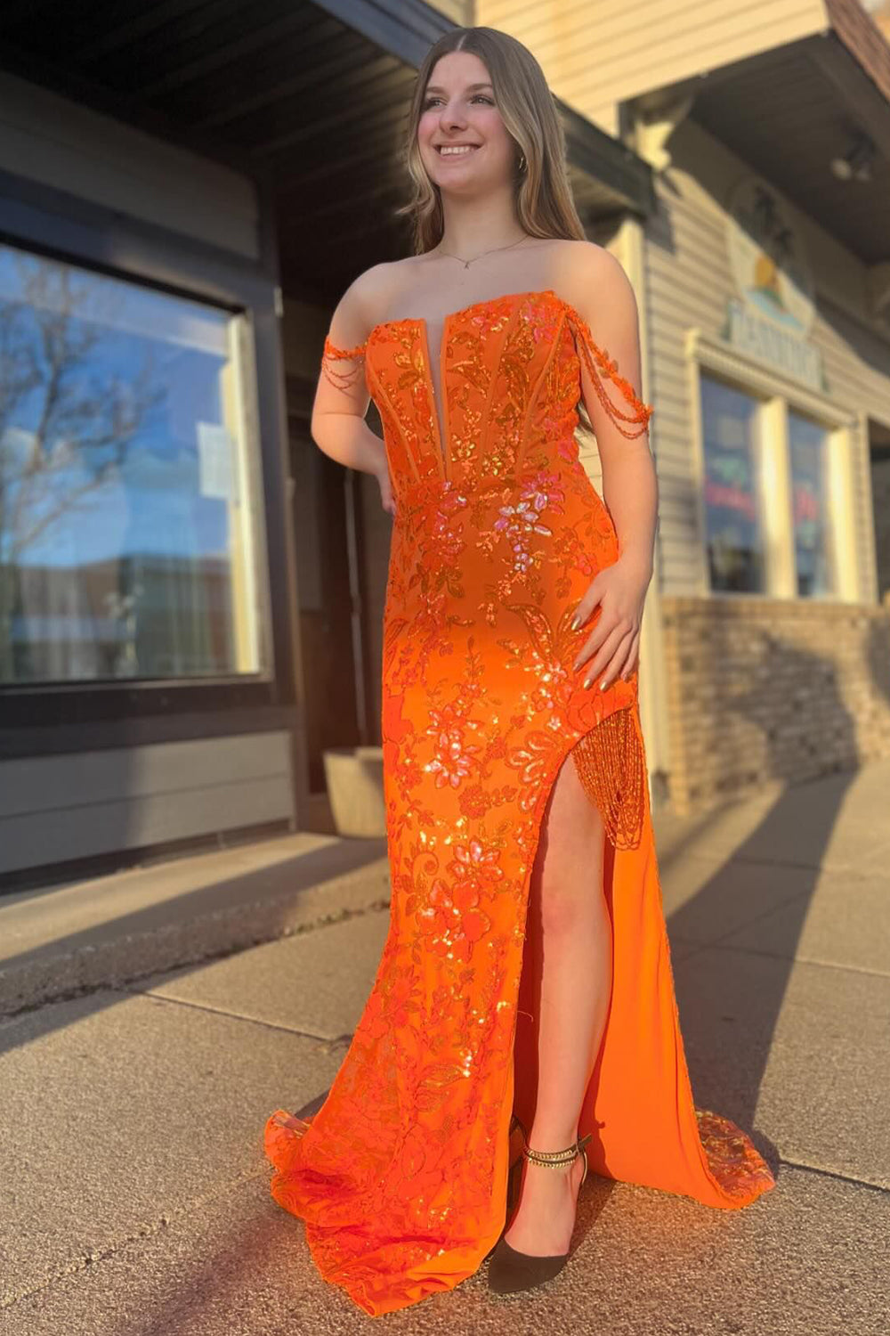 Orange Prom Dress Mermaid Off the Shoulder Corset Evening Dress with Slit