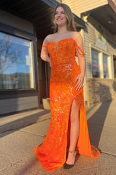 Orange Prom Dress Mermaid Off the Shoulder Corset Evening Dress with Slit
