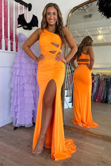 Orange Prom Dress Mermaid One Shoulder Long Evening Dress With Slit