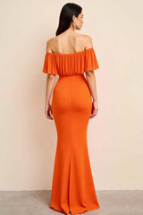 Orange Prom Dress Off The Shoulder Sheath Long Formal Dress