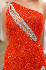 Orange Prom Dress One Sholder Sequin Mermaid Evening Dress with Split