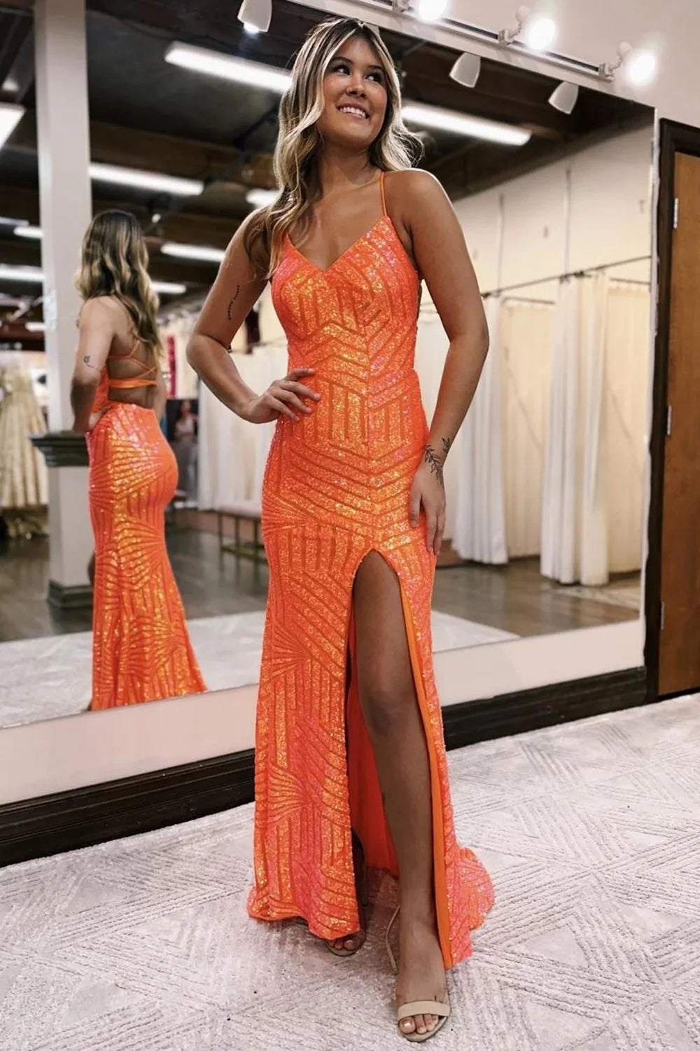 Orange Prom Dress Open Back Sequined Long Evening Dress with Slit