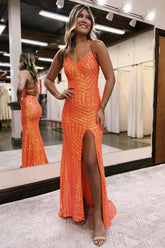 Orange Prom Dress Open Back Sequined Long Evening Dress with Slit