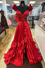 Orange Prom Dress Ruffled Satin Hollow Out Long Evening Dress