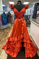 Orange Prom Dress Ruffled Satin Hollow Out Long Evening Dress