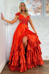Orange Prom Dress Ruffled Satin Hollow Out Long Evening Dress
