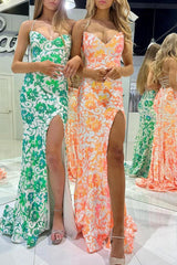 Orange Prom Dress Sequin Lace V Neck Mermaid Evening Dress With Split