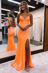 Orange Prom Dress Sequin Mermaid Long Evening Dress