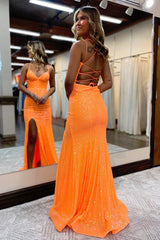 Orange Prom Dress Sequin Mermaid Long Evening Dress