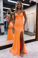 Orange Prom Dress Sequin Mermaid Long Evening Dress