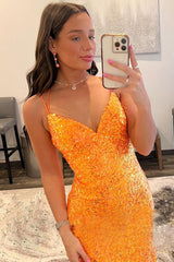 Orange Prom Dress Sequined Long Evening Dress with Slit