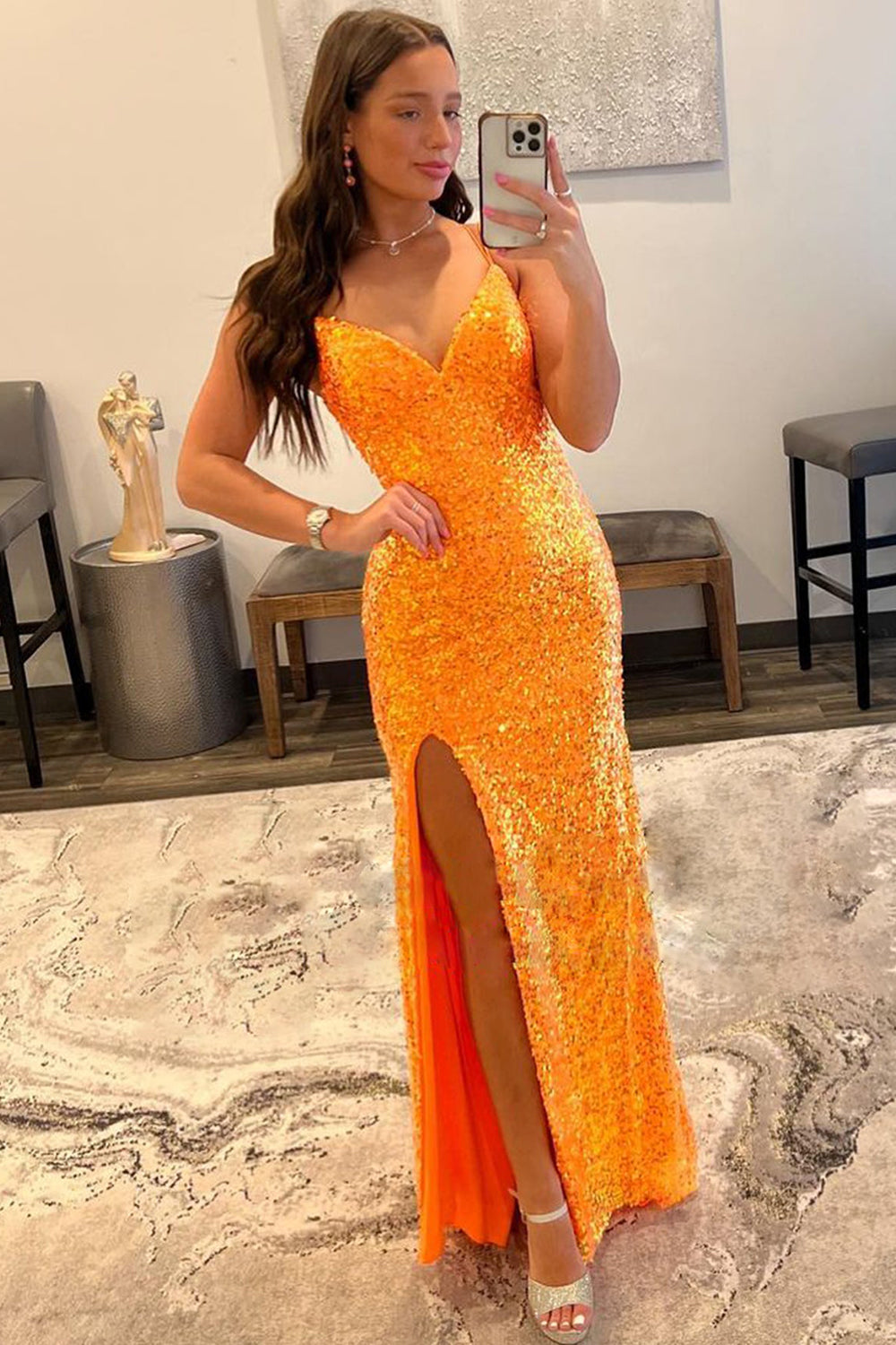 Orange Prom Dress Sequined Long Evening Dress with Slit