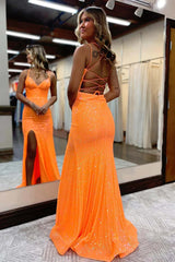 Mermaid Spaghetti Straps Orange Prom Dress Sequined Long Evening Dress with Split Front