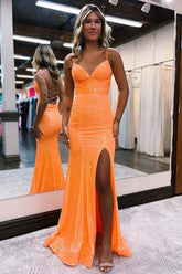 Mermaid Spaghetti Straps Orange Prom Dress Sequined Long Evening Dress with Split Front