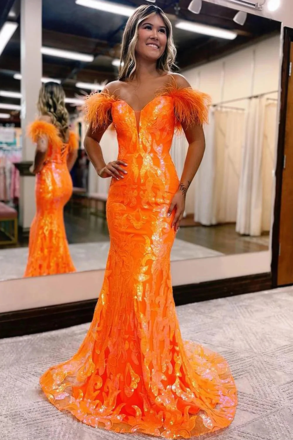 Orange Prom Dress Sequined Off the Shoulder Mermaid Long Evening Dress with Feathers