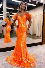 Orange Prom Dress Sequined Off the Shoulder Mermaid Long Evening Dress with Feathers