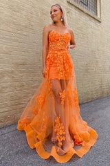 Orange Prom Dress Sheath Corset Long Evening Dress with Appliques